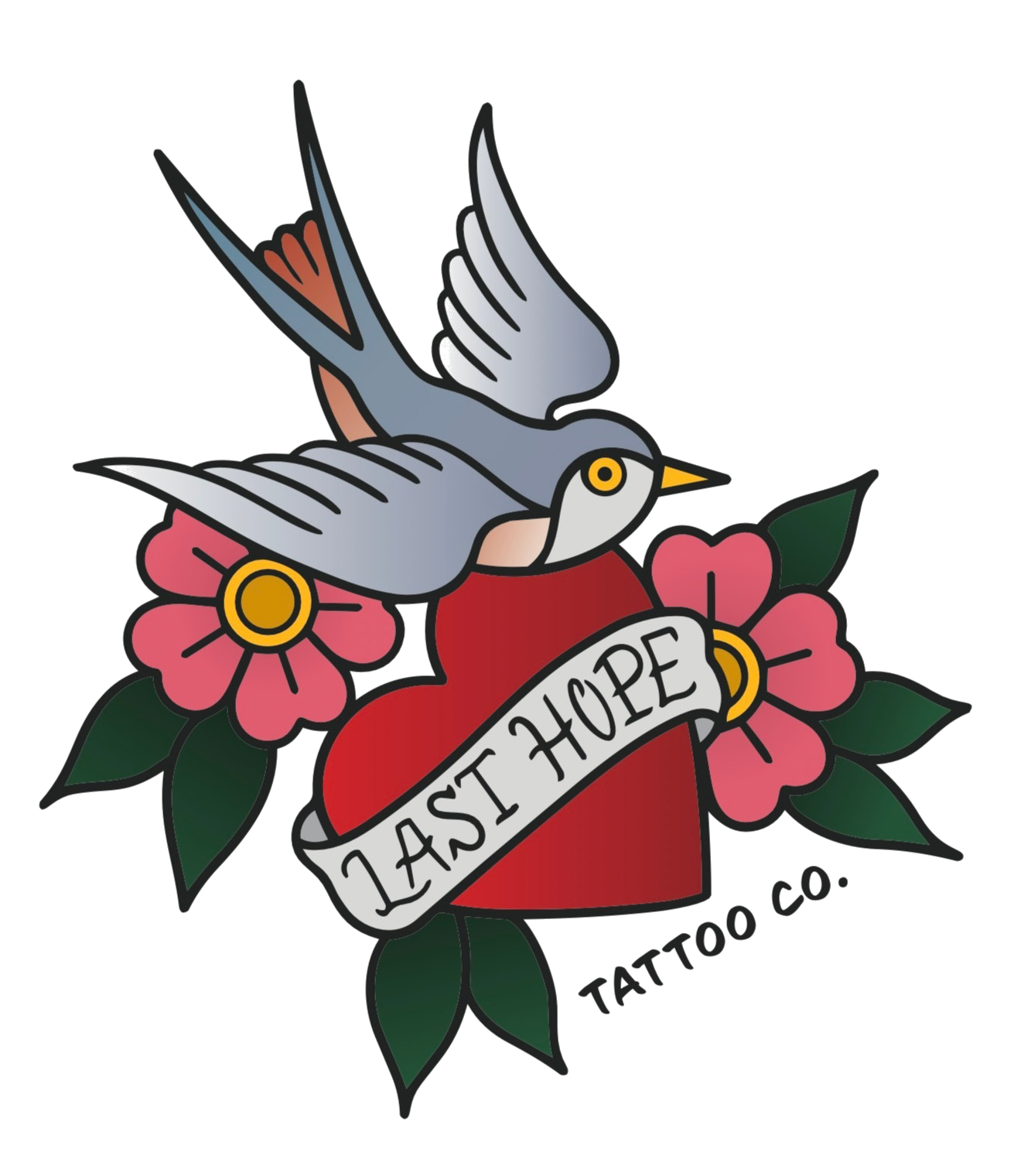 Last Hope Tattoo Company swallow, heart, flowers and banner logo